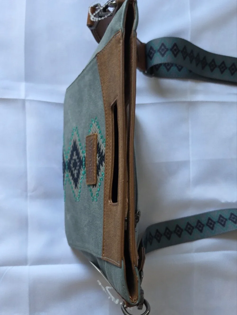 Wrangler Teal & Brown Messenger Crossbody with Patterned Strap